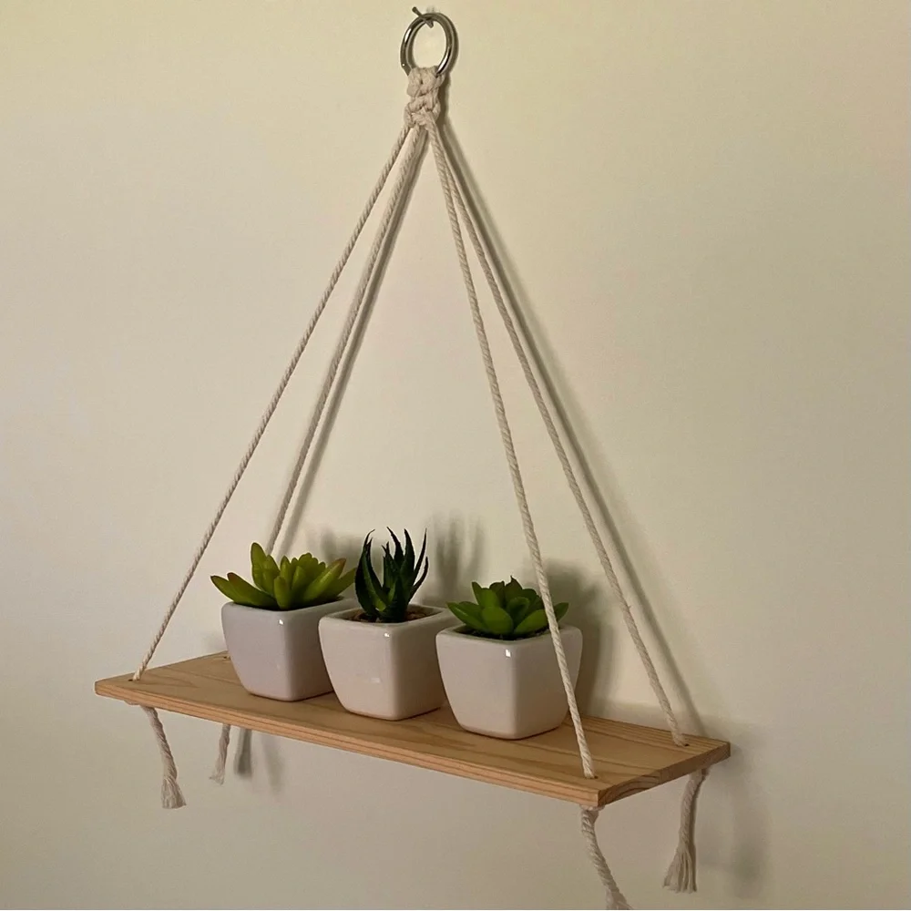 Natural Wooden Hanging Shelf with Cream Rope